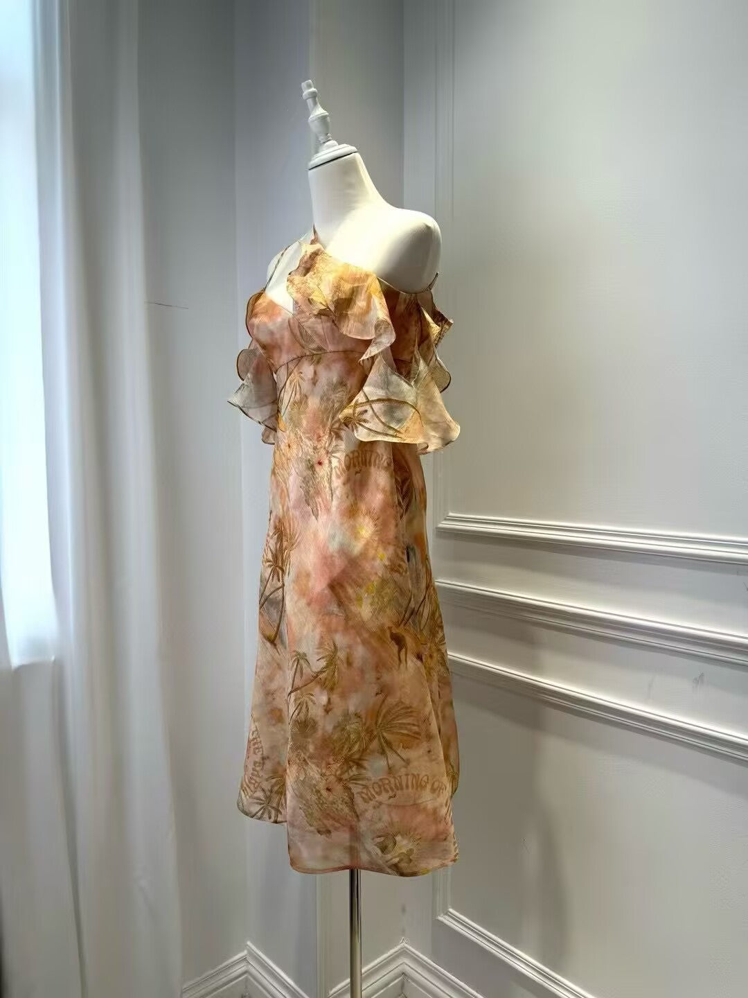 New Women's Silk and Linen Printed Single Shoulder Dress