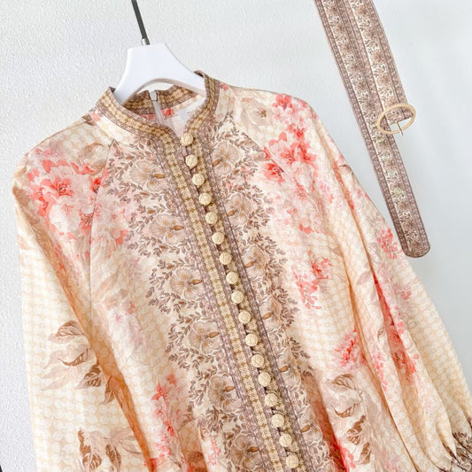 100% Linen Women's Printed Single Breasted Waist Cinching Fashionable Dress