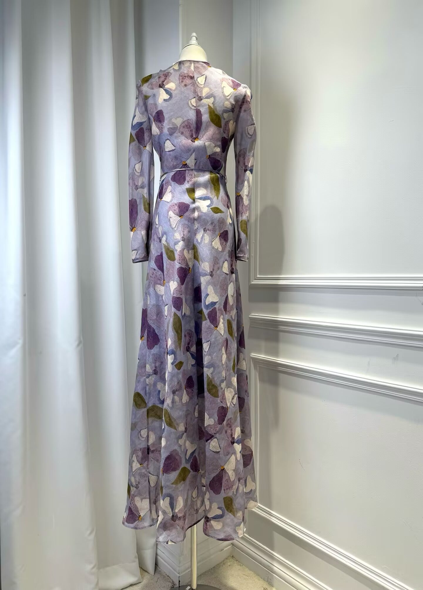 Women's Silk and Linen Purple Printed Round Neck Long sSeeved Waist Cinched Long Dress