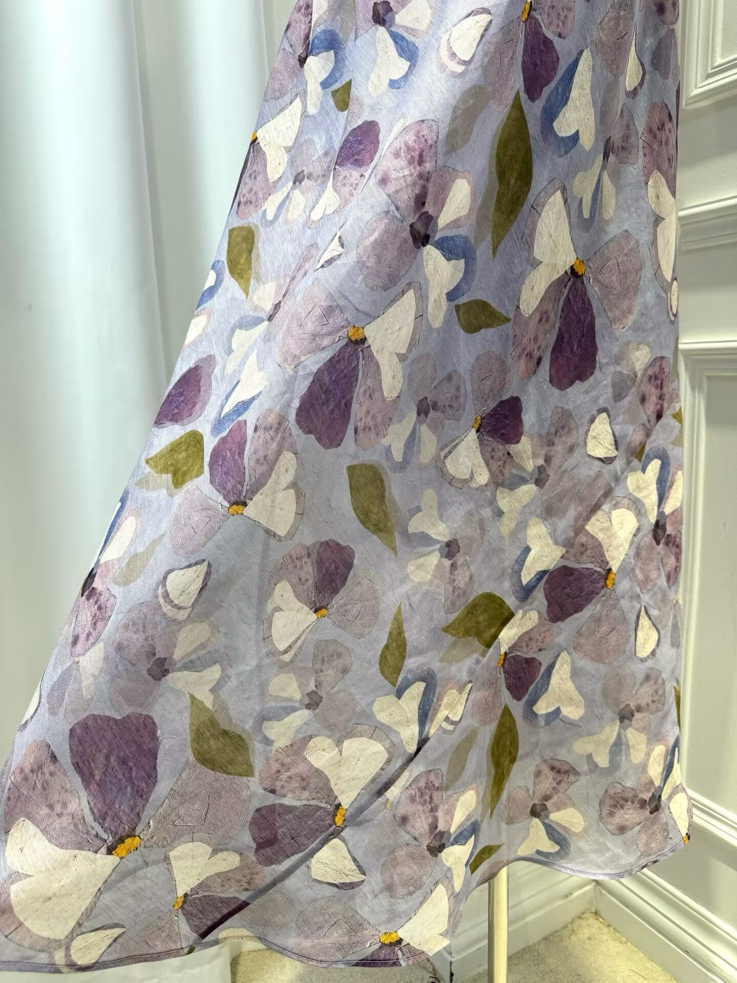 Women's Silk and Linen Purple Printed Round Neck Long sSeeved Waist Cinched Long Dress