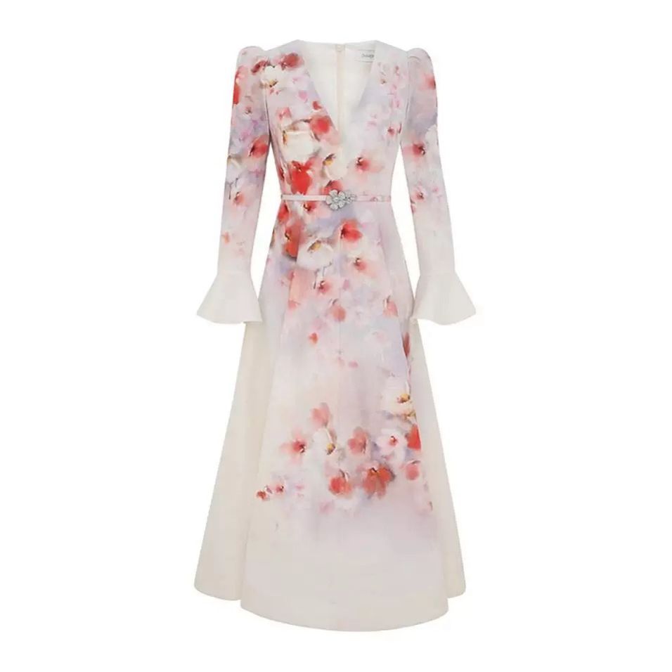 Women's New V-Neck Flared Sleeve Tied Waist Print Long Dress