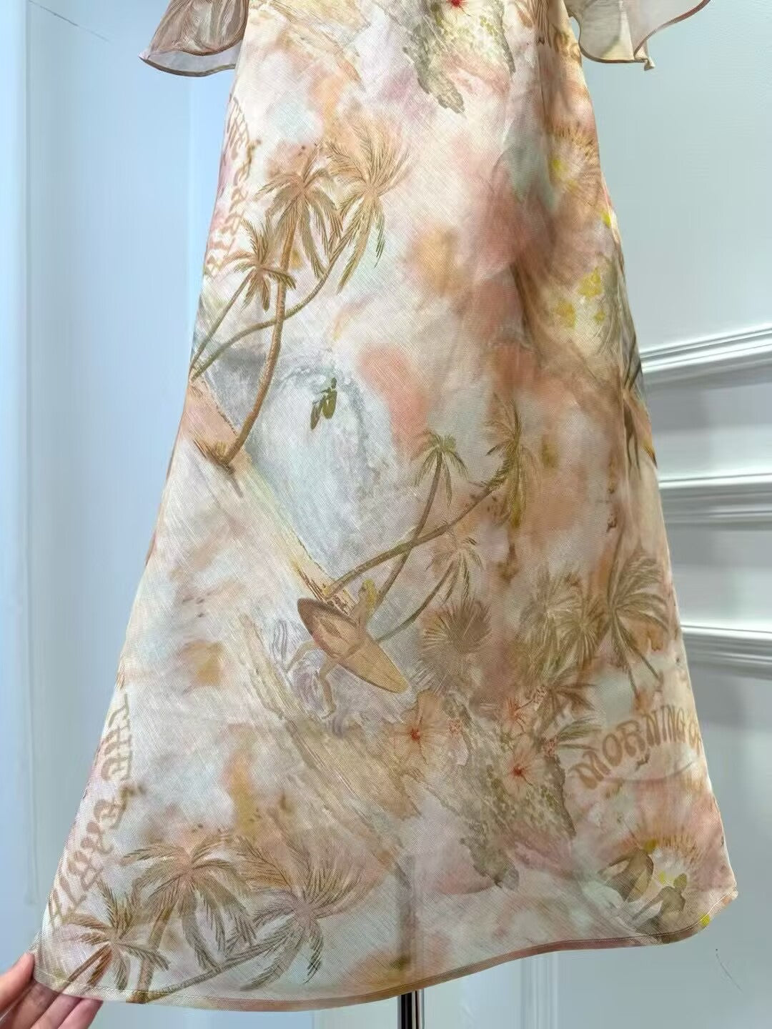 New Women's Silk and Linen Printed Single Shoulder Dress