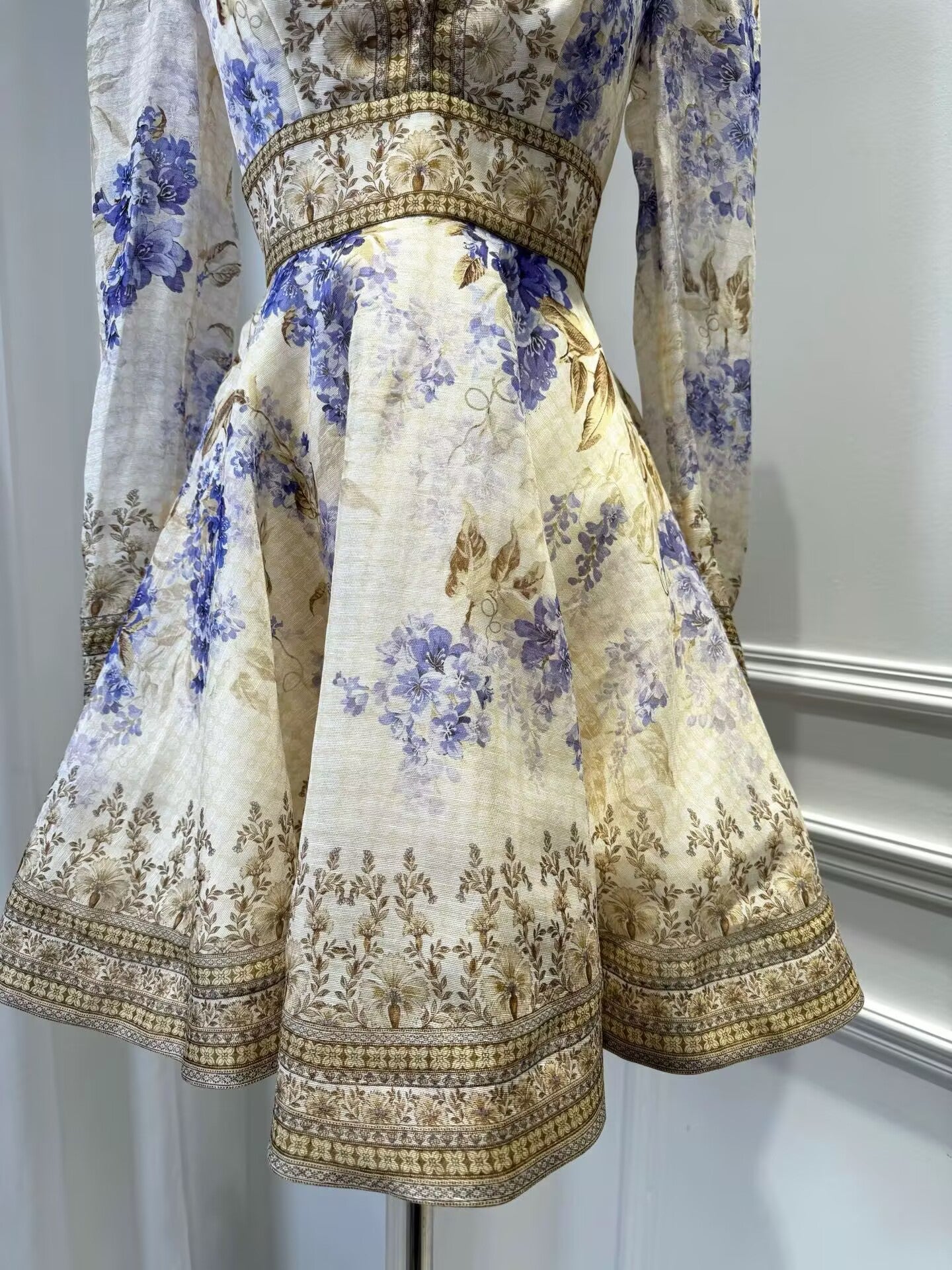 Silk and Linen V-neck Printed Long Sleeved Dress For Women