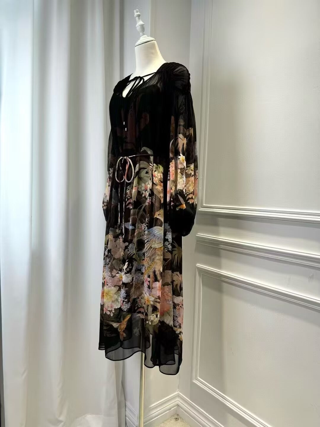 Women's New Black Printed Long Sleeved Slim Fit Dress