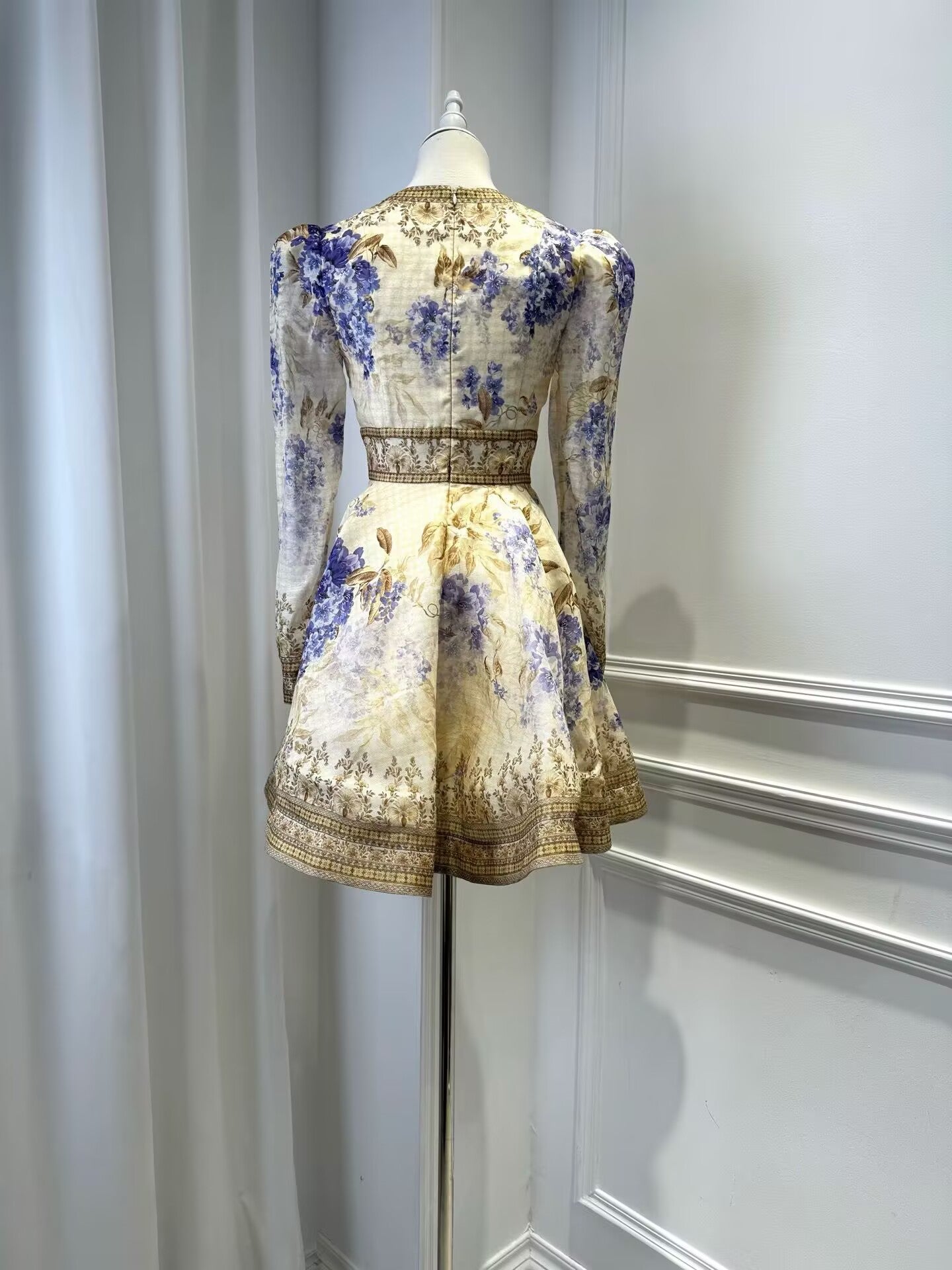 Silk and Linen V-neck Printed Long Sleeved Dress For Women