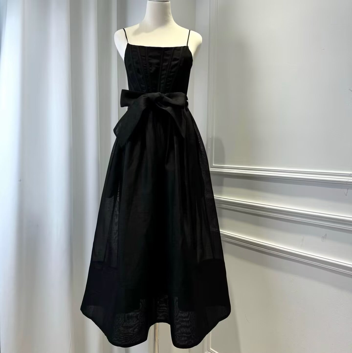 2025 New Silk+Linen Black Tight Strap Dress