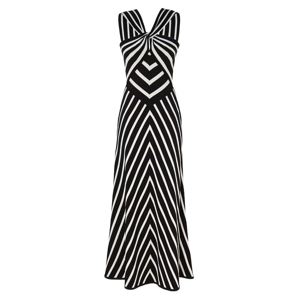 New Women's Black And White Striped Knitted Dress