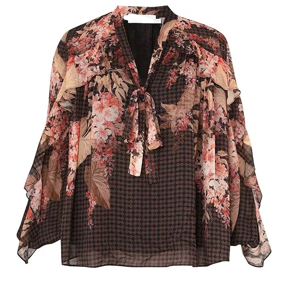 2025 New Fashionable Silk Printed Strap V-neck Shirt