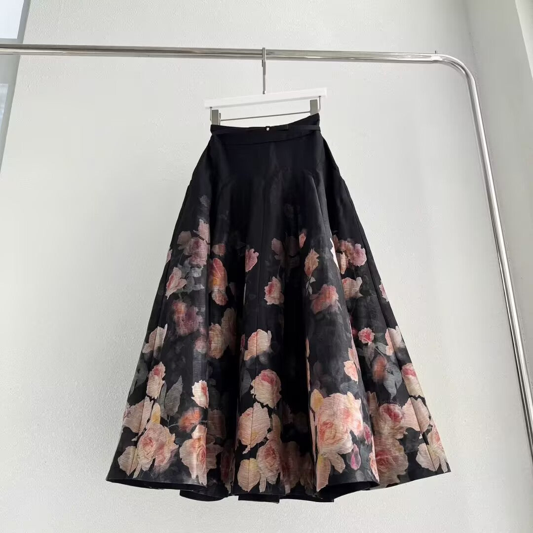New Silk and Linen Women's Printed Mid Length Skirt
