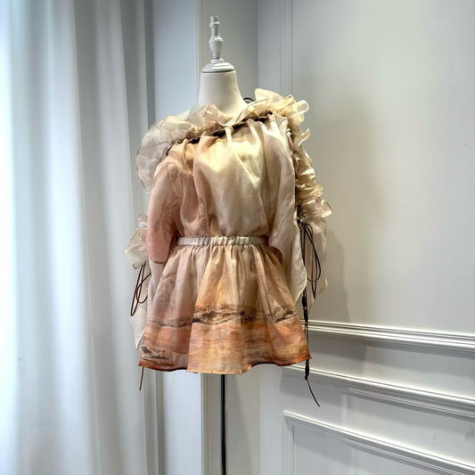 2025 Spring/Summer Off Shoulder Printed Ruffle Loose Mini Dress