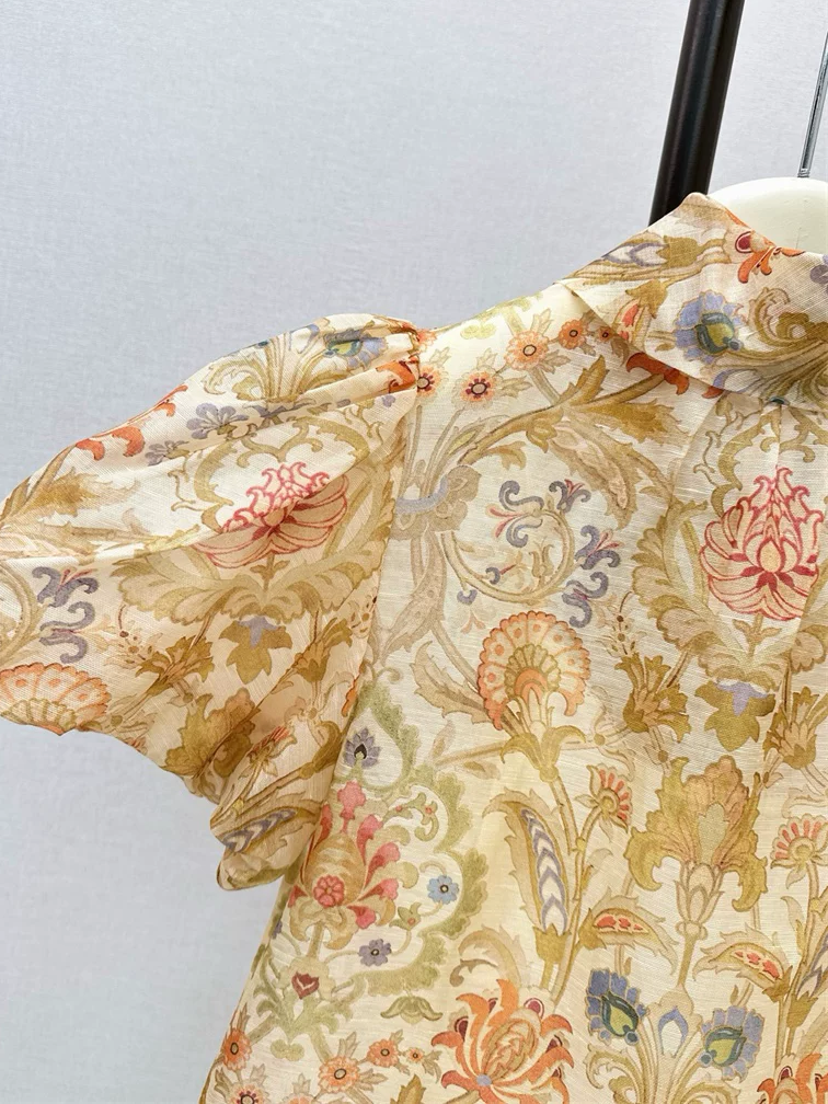 Women's Floral Print Blouse Stand Collar Puff Sleeve Casual Shirt