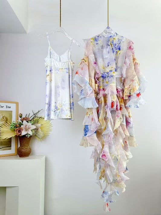 2025 New Spring Drift Half High Neck Irregular Layered Ruffle Edge Tassel Dress