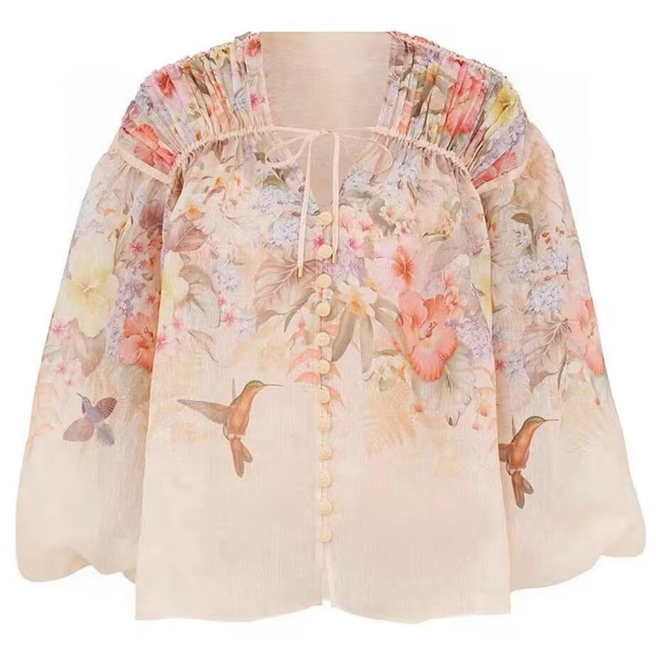 New Women Silk and Linen Printed Fashionable V-neck Top