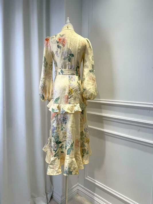 100% Linen Waist Pleated Lantern Sleeve Mid Length Dress