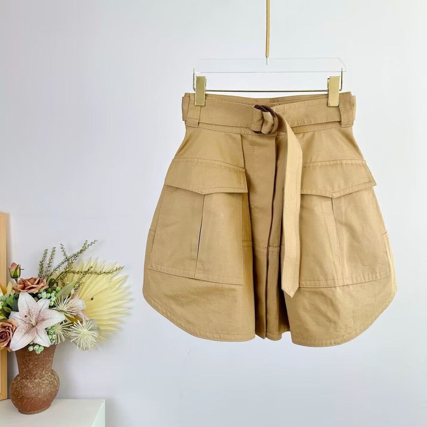 100% Cotton Women's New Spring and Summer Lace up High Waisted Mini Skirt
