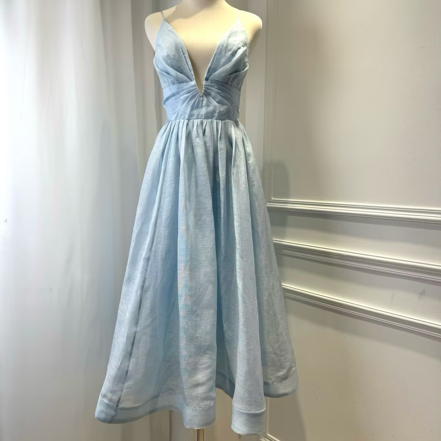 New Women's Sky Blue Silk and Linen V-Neck Suspender Dress