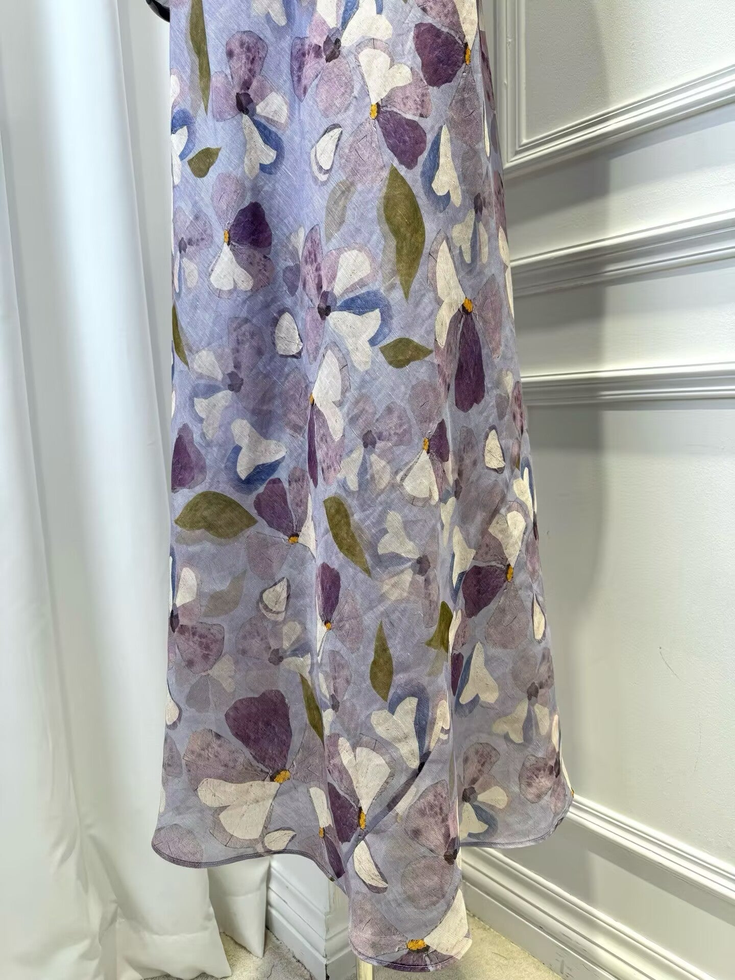 Women's Silk and Linen Purple Printed Round Neck Long sSeeved Waist Cinched Long Dress