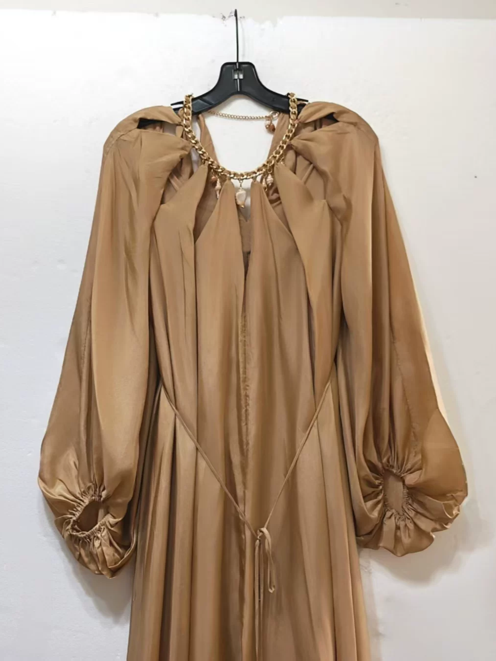 Women Solid Color Long Dress Pendant Decoration O-Neck Lantern Sleeve High Waist Loose Silk Robe