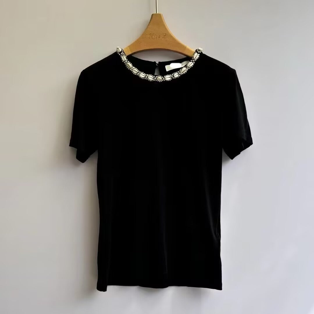 Women's Black Shell Decoration Short Sleeved T-Shirt
