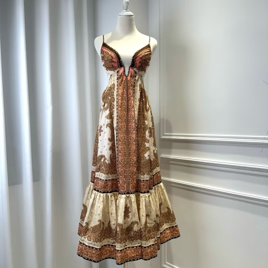 2025 Spring/Summer V-neck Waist Strap Long Dress