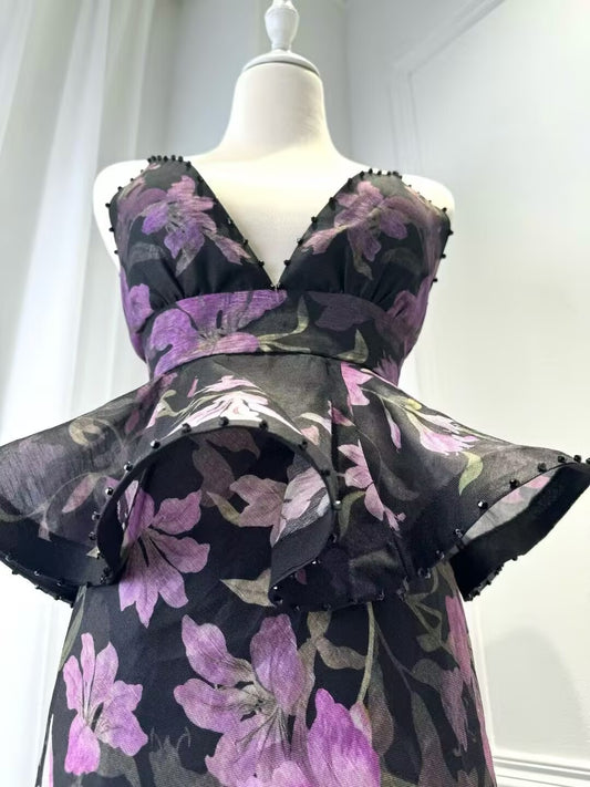 2025 Summer New Women's Purple Printed Strap Dress