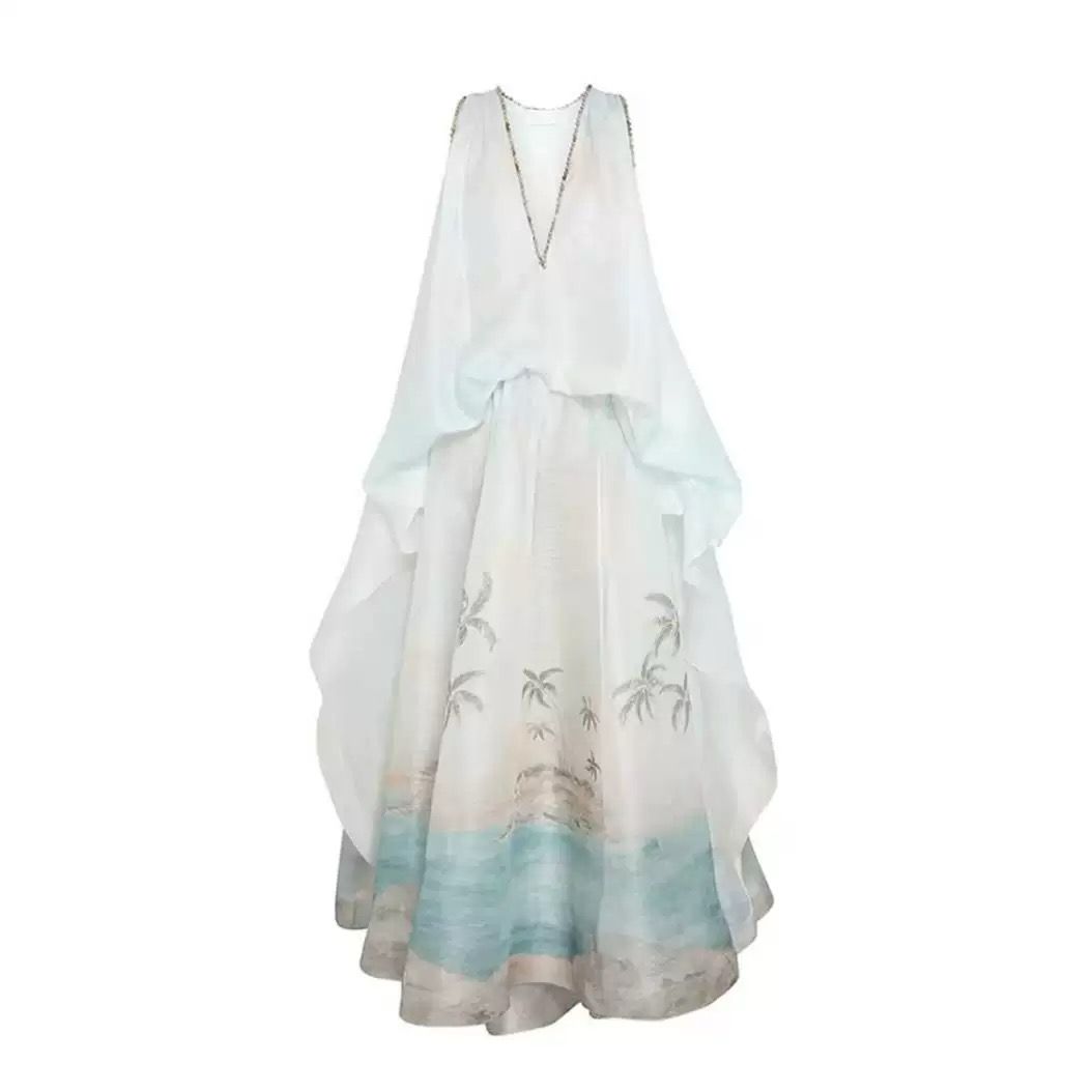 New Vacation Silk+Linen Print Elegant V-Neck Long Dress For Women