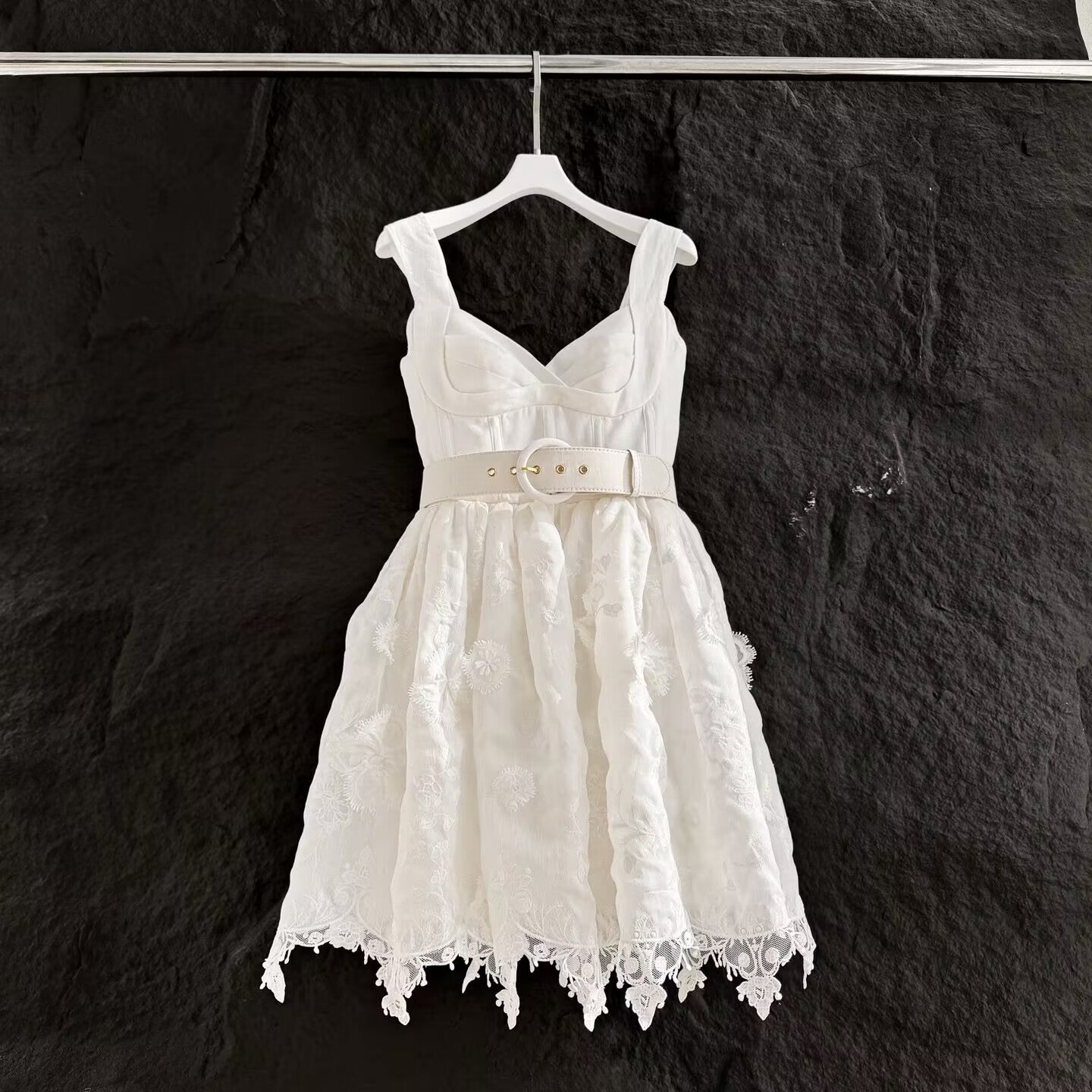 Silk and Linen Women's White Camisole Dress With Belt