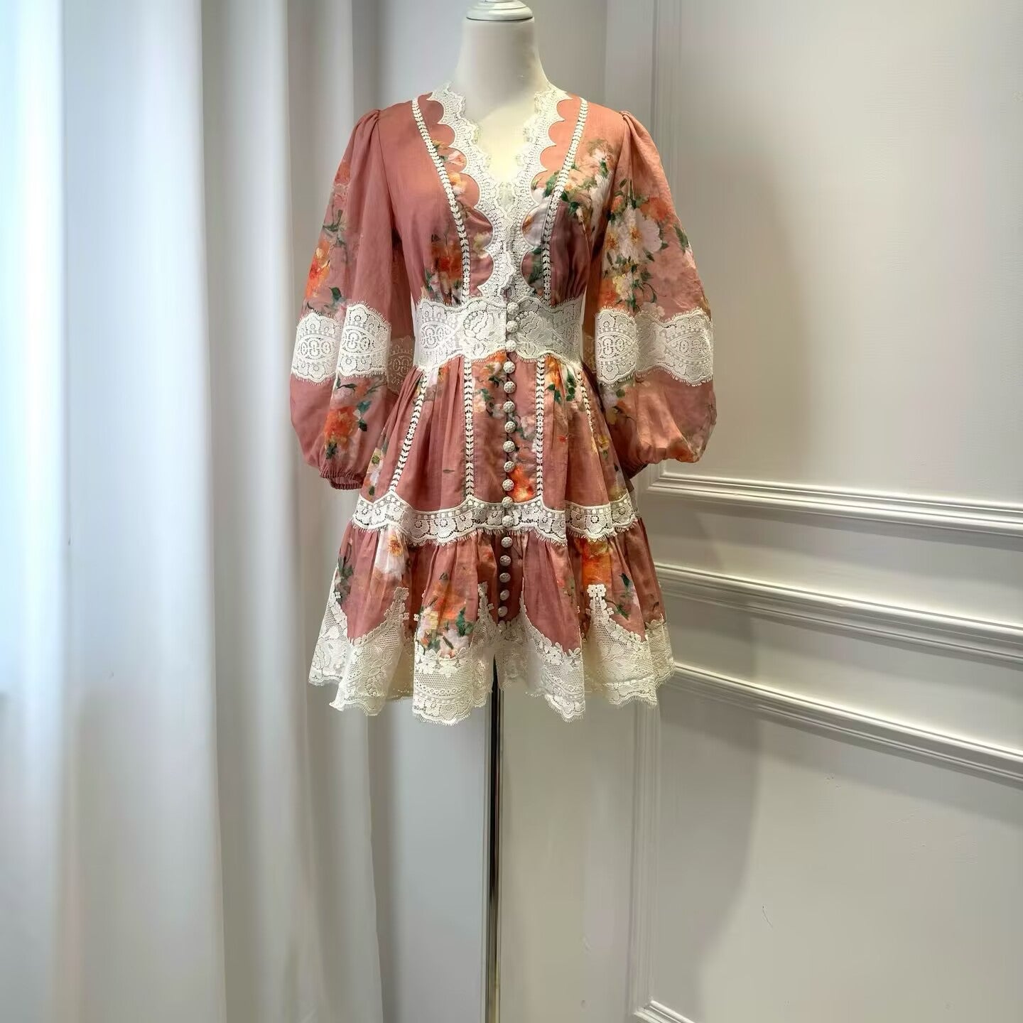 Women Lace Stitching Short Sleeve Linen Mini Dress