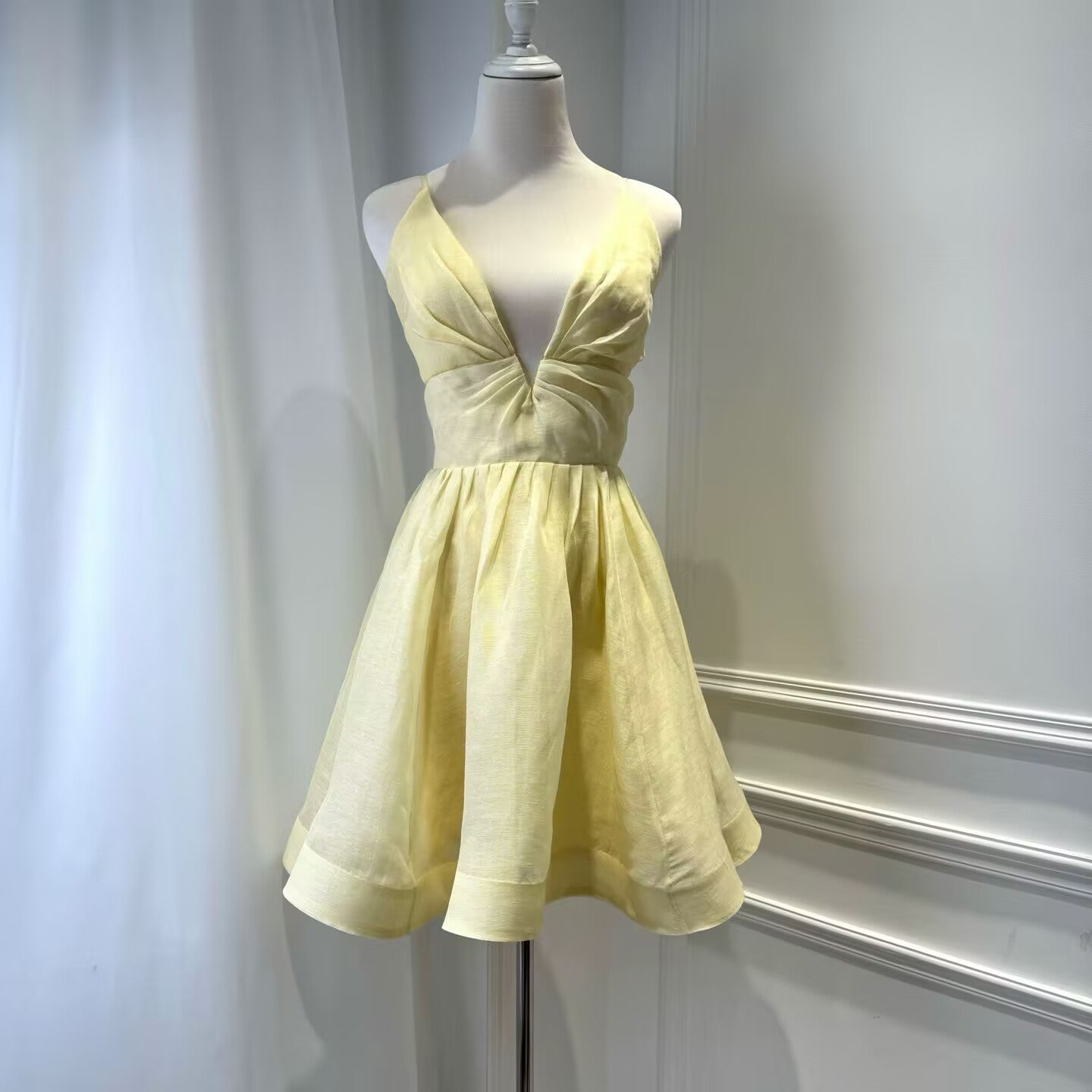 Women's Silk and Linen Yellow V-Neck Suspender Mini Dress