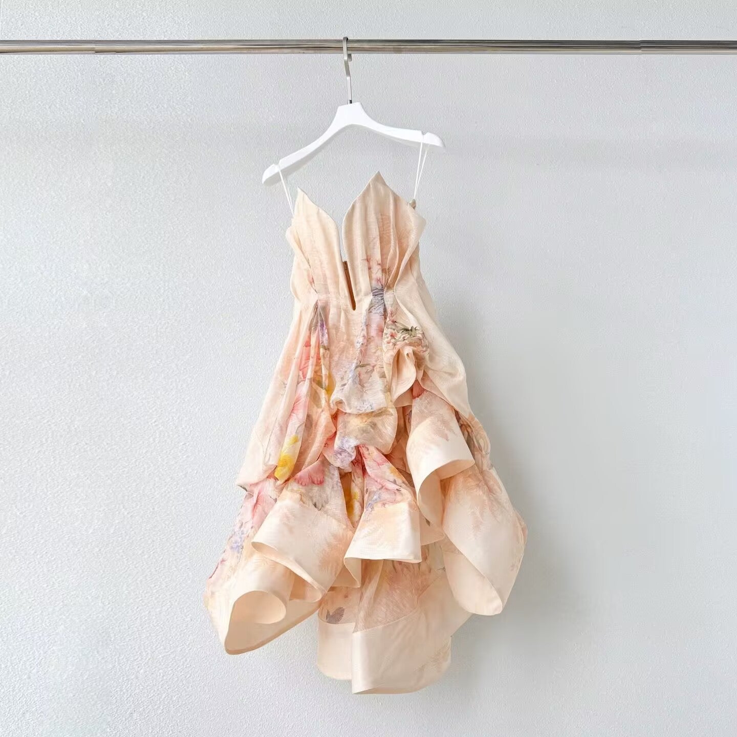 2025 New Silk and Linen Printed Strapless Suspender Dress