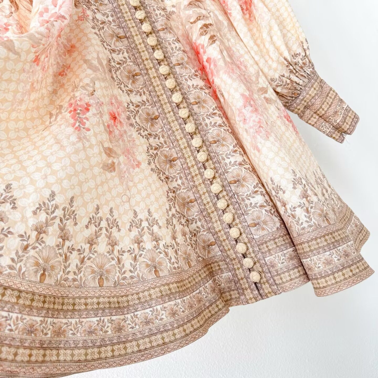 100% Linen Women's Printed Single Breasted Waist Cinching Fashionable Dress