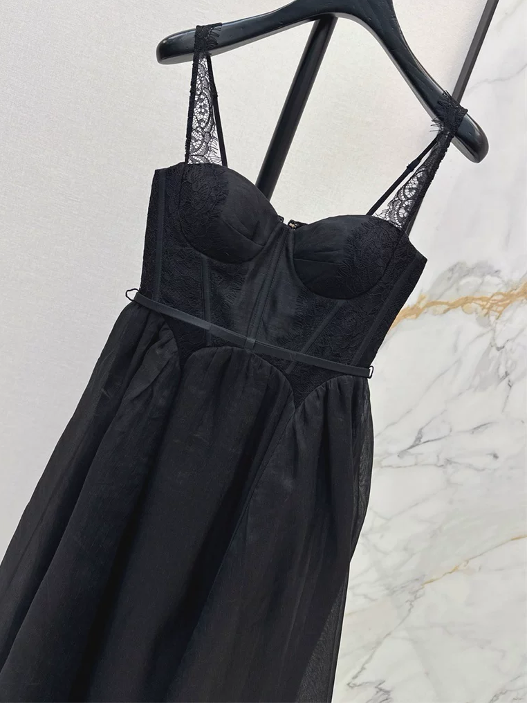 Ladies Lace Patchwork Black Long Dress Silk Linen V-Neck Sleeveless High Waist Holiday Style Robe