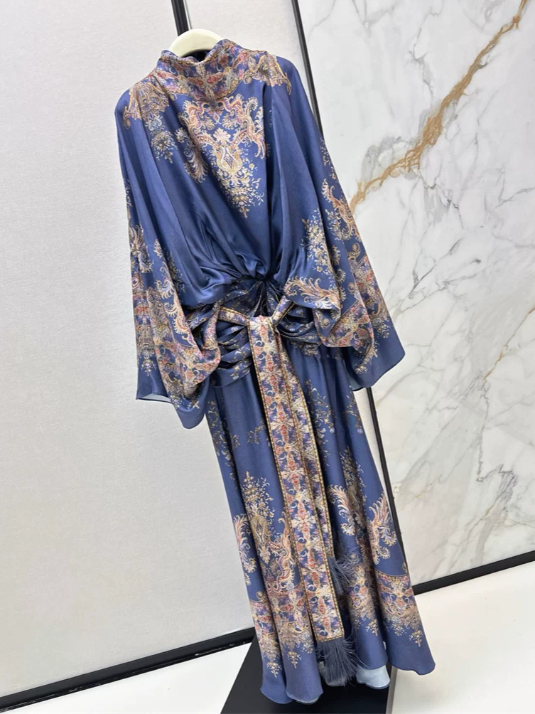 Ladies Retro Print Maxi Dress Batwing Sleeve Stand Collar High Waist Vintage 100% Silk Robe