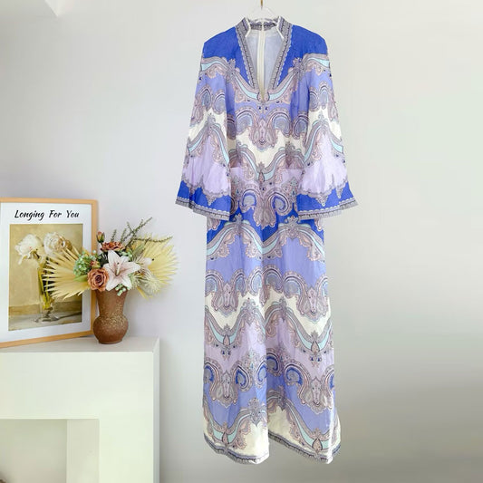 New Women's Blue Printed V-neck Fashionable Long Dress
