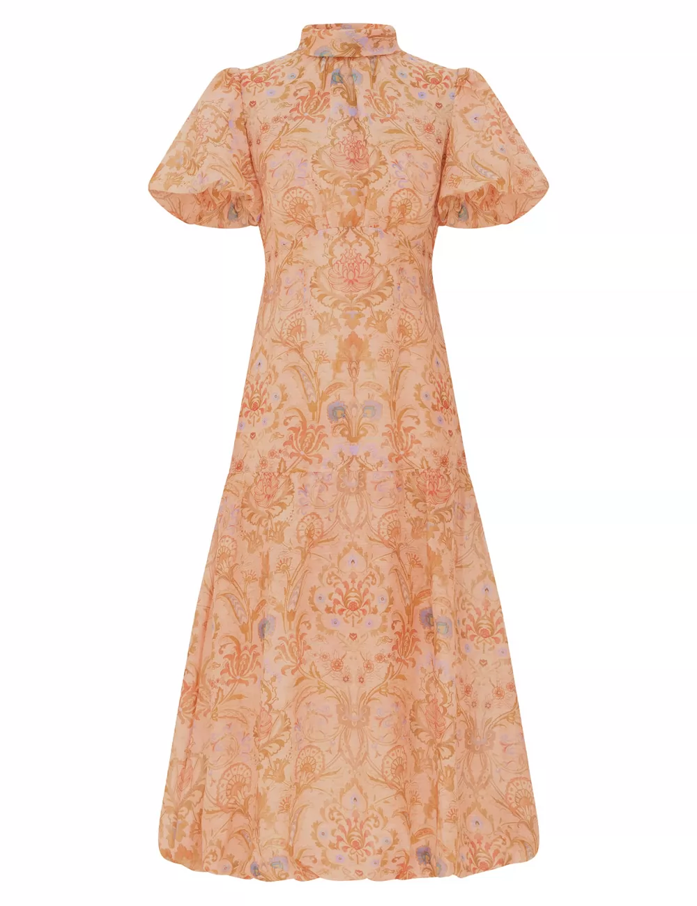 Ladies Floral Print Puff Sleeve Stand Collar High Waist A-Line Fashion Long Dress