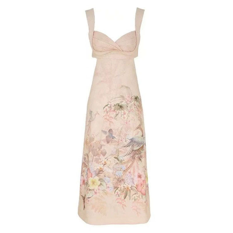 2025 new printed backless linen camisole dress