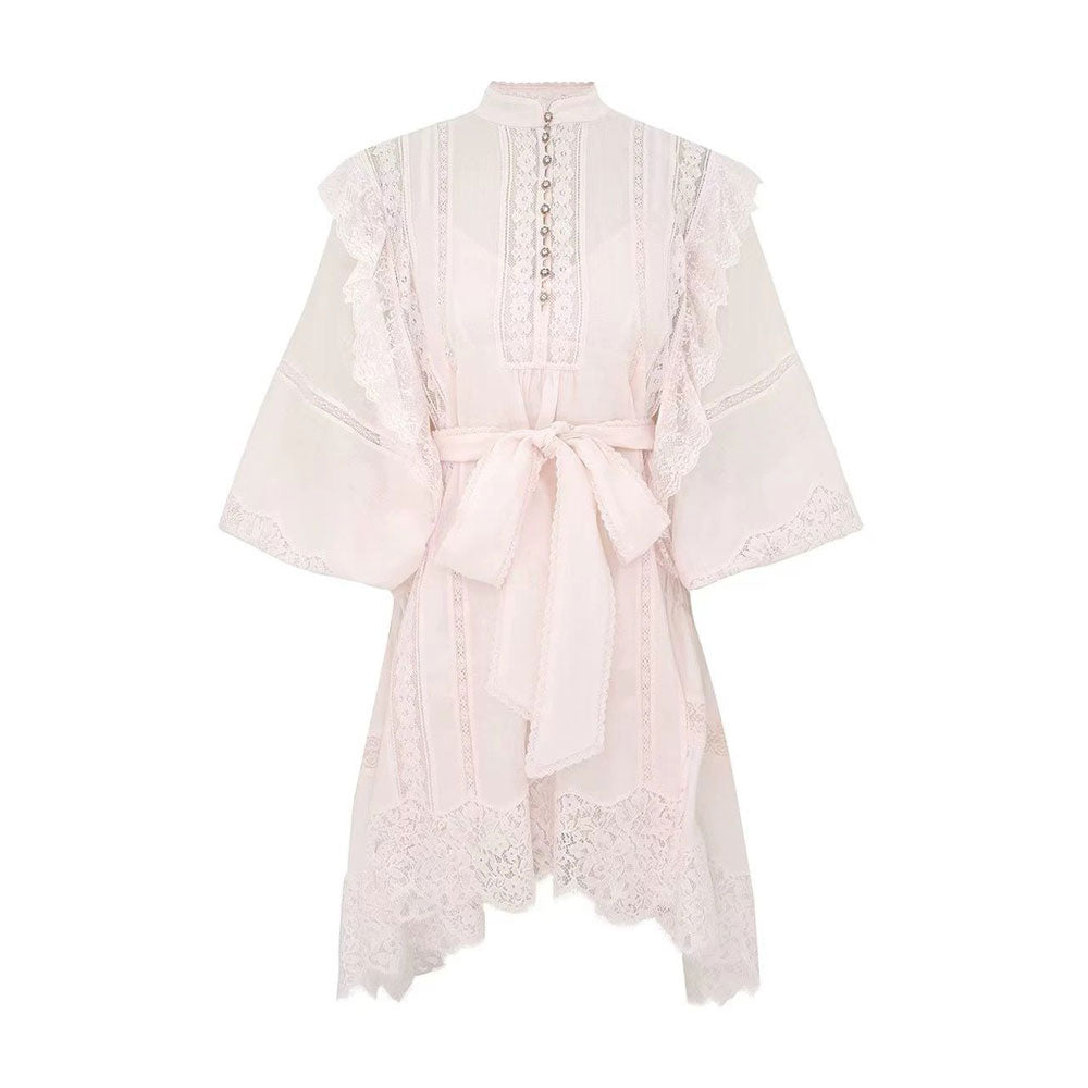 Women's New Lace Embroidery Casual Strap Waist Cinching Dubble Sleeve Dress