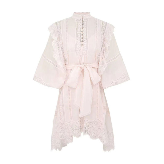 Women's New Lace Embroidery Casual Strap Waist Cinching Dubble Sleeve Dress