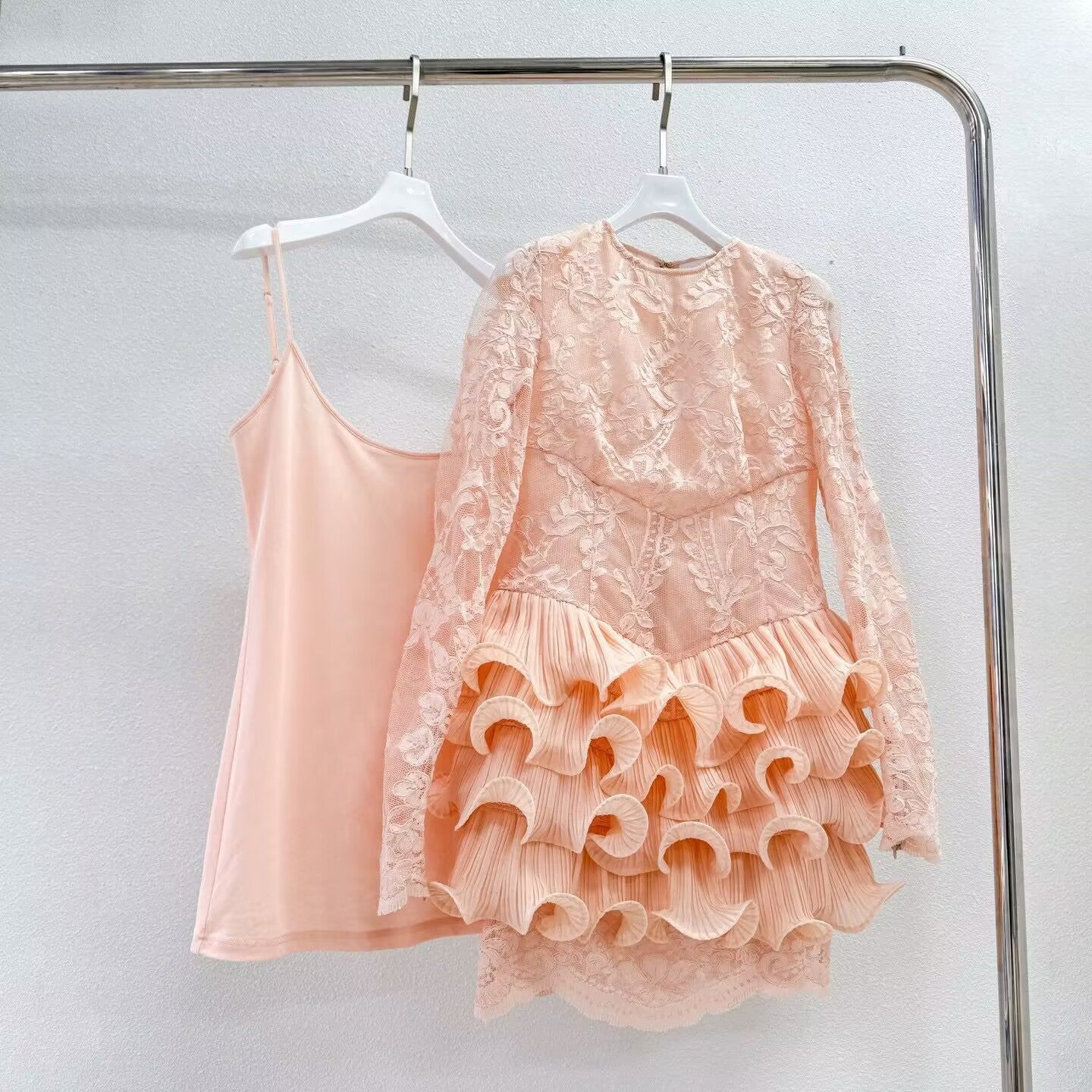 Women Long Sleeve Crush Lace Frill Mini Dress