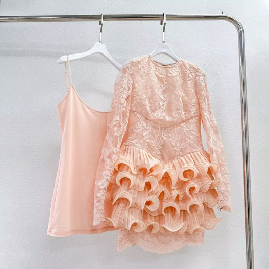 Women Long Sleeve Crush Lace Frill Mini Dress