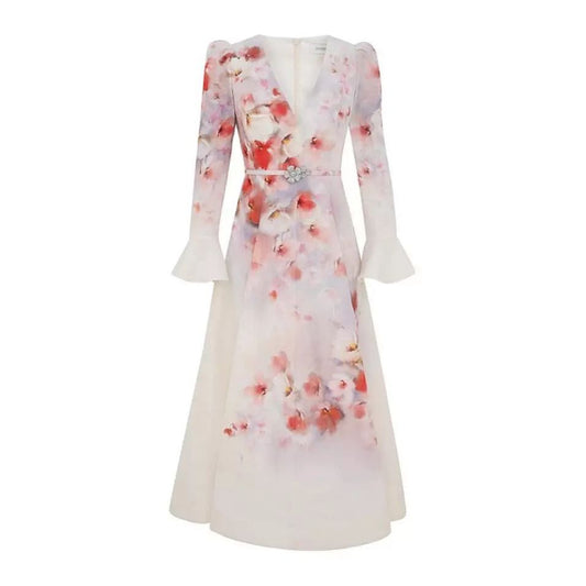 Women's New V-Neck Flared Sleeve Tied Waist Print Long Dress