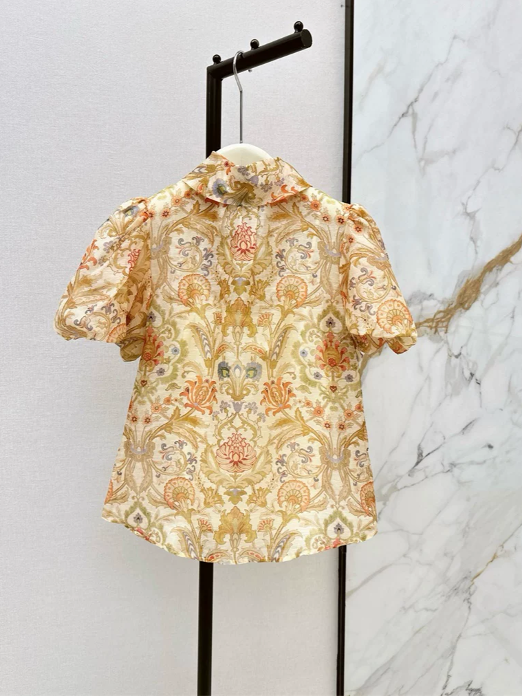 Women's Floral Print Blouse Stand Collar Puff Sleeve Casual Shirt