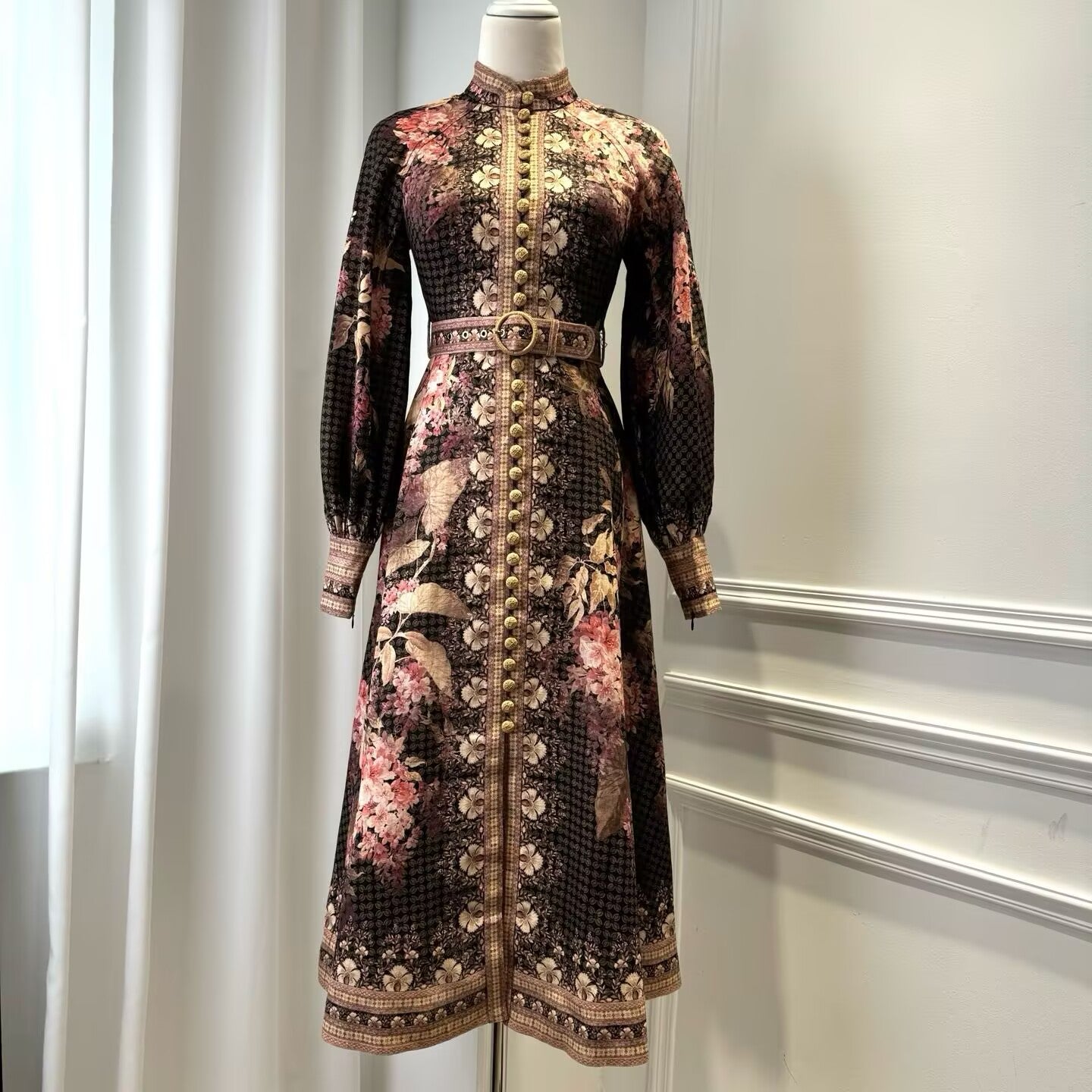 Women's Linen New Single Breasted Waist Cinched Printed Long Dress