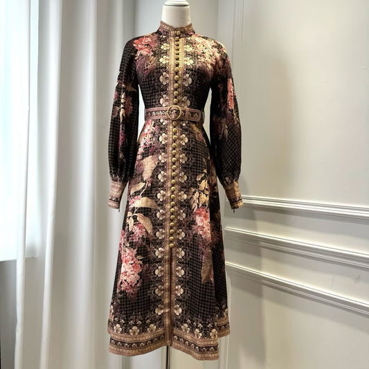 Women's Linen New Single Breasted Waist Cinched Printed Long Dress