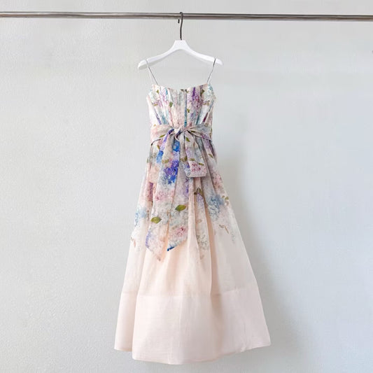 Women's new purple printed vacation linen+silk strapless suspender dress
