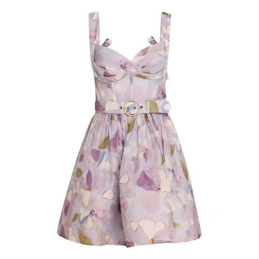 Purple Printed Women's Silk And Linen Mini Dress With Belt