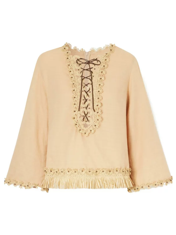 Women's Flower Tassel Spliced Shirt Solid Color Long Sleeve Lace-up O-Neck Loose Casual Cotton Blouse