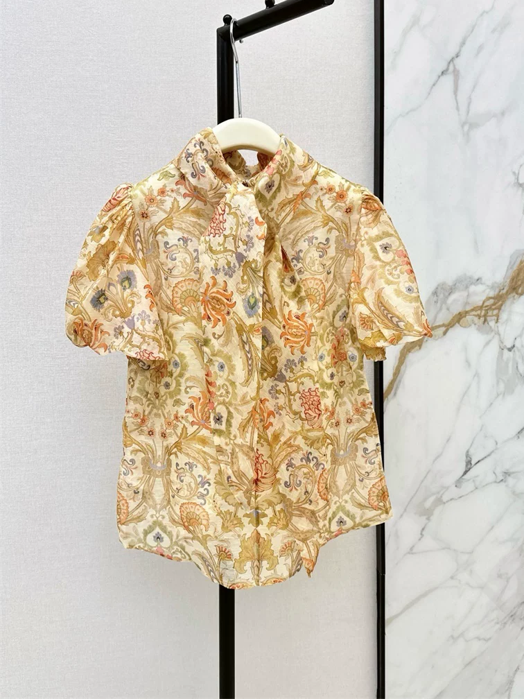 Women's Floral Print Blouse Stand Collar Puff Sleeve Casual Shirt