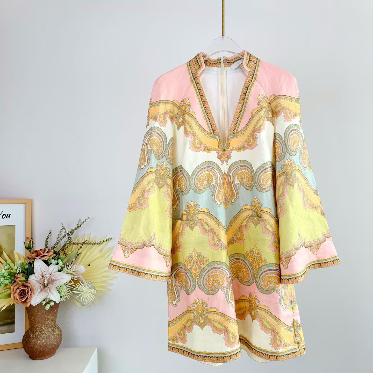 Women's Linen Printed V-Neck Fashionable Mini Dress