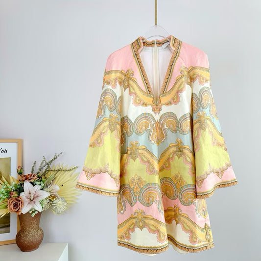Women's Linen Printed V-Neck Fashionable Mini Dress
